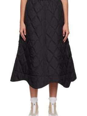 Ganni Black Quilted A-Line Midi Skirt